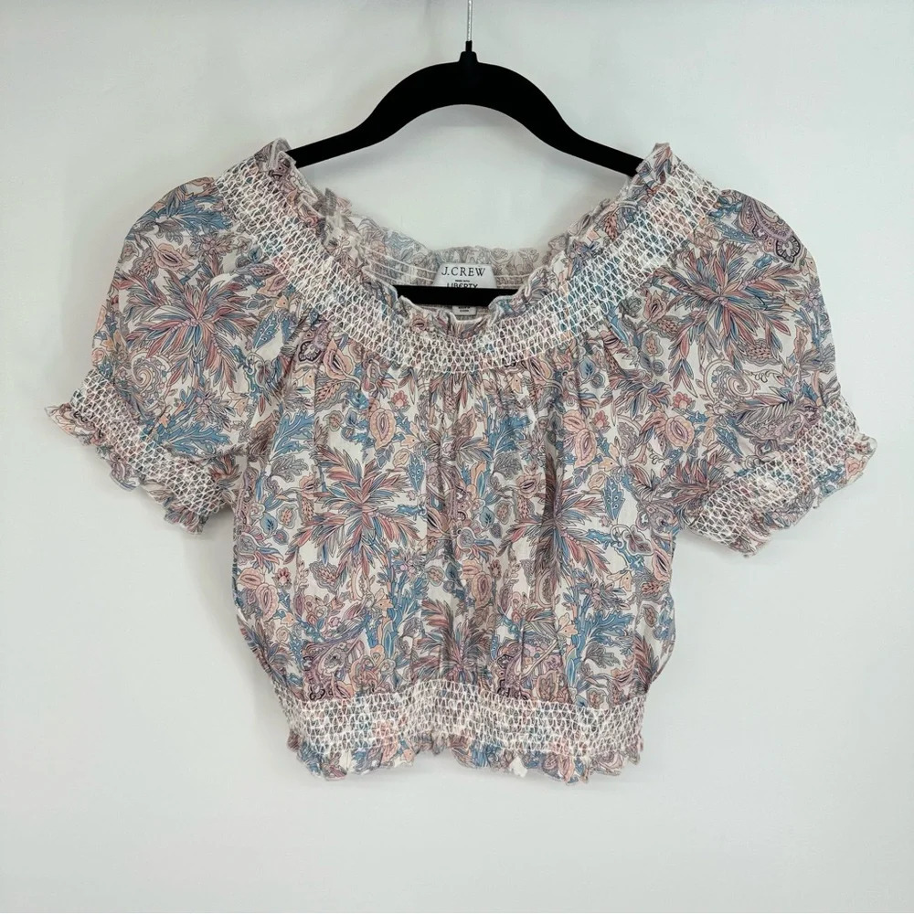J. Crew Smocked Cotton Cropped Bohemian Cottagecore Top In Liberty Fabric